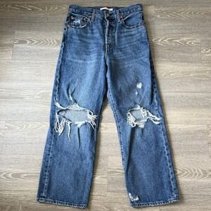 Levi's Ribcage Straight Ankle Jeans Women's 29 Distressed Button-Fly Blue Denim